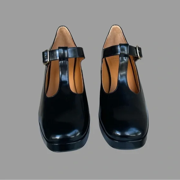SEZANE Glossy Black Leather Monique High Babies T Strap Platform Mary Jane Heels - Picture 9 of 17